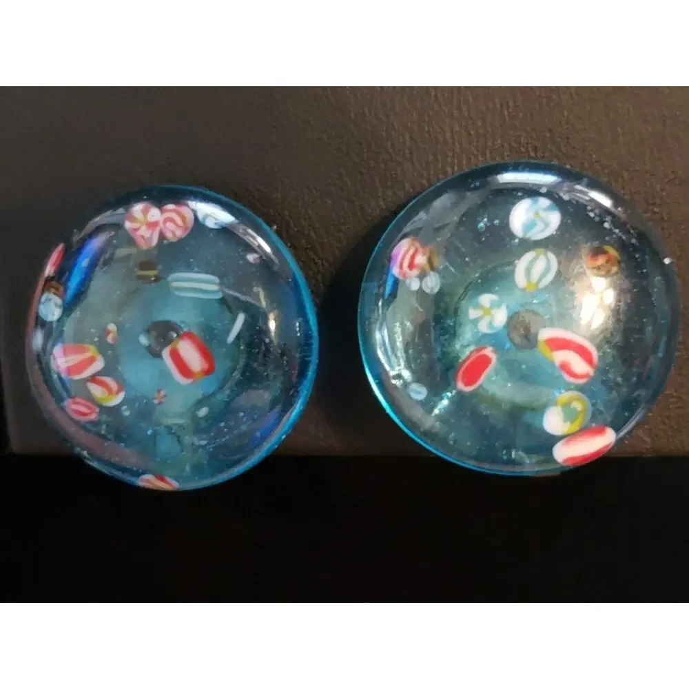 Vintage Blue Embedded Millefiore Lucite Clip-On‎ Earrings- Colorful Retro bcl-22